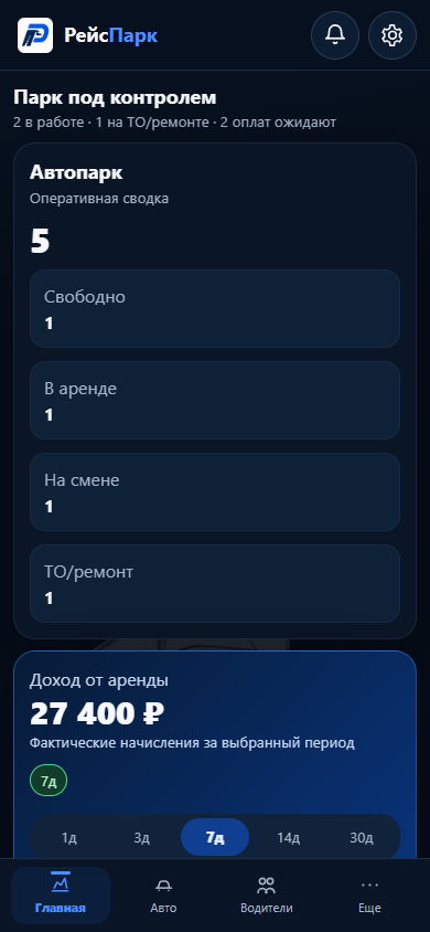 Главный экран владельца в приложении РейсПарк